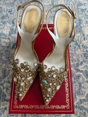 Rene Caovilla Gold Crystal-Embellished Slingback Heels